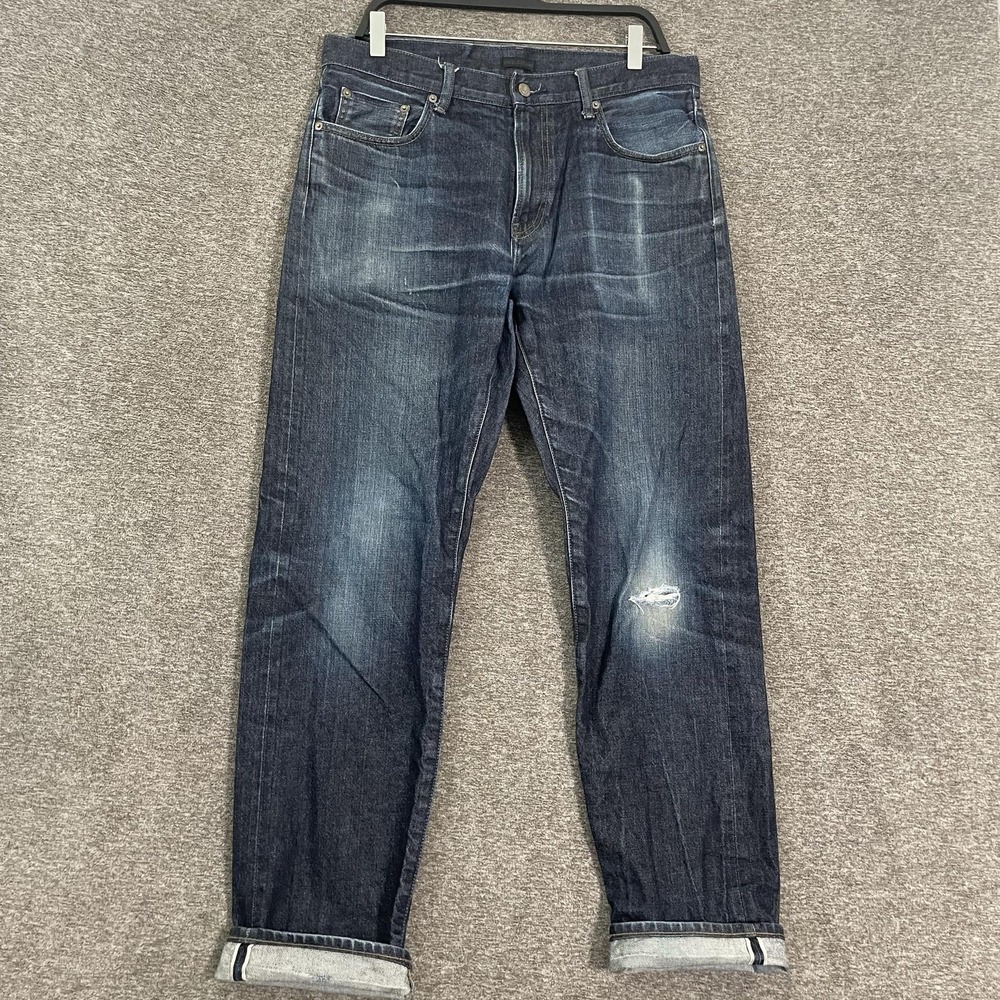 Uniqlo Jeans Mens 33x34 Blue Selvedge Regular Straight Distressed Denim Kaihara